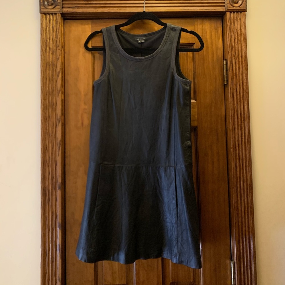 Theory Leather fit & flare dress w/ snap closure.